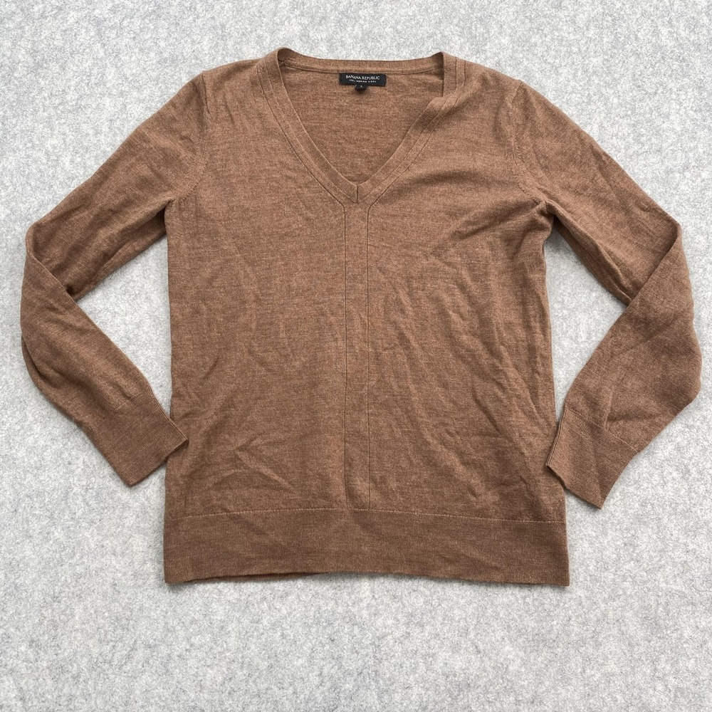 Banana Republic Sweater Womens Large Brown 100% Merino Wool V Neck